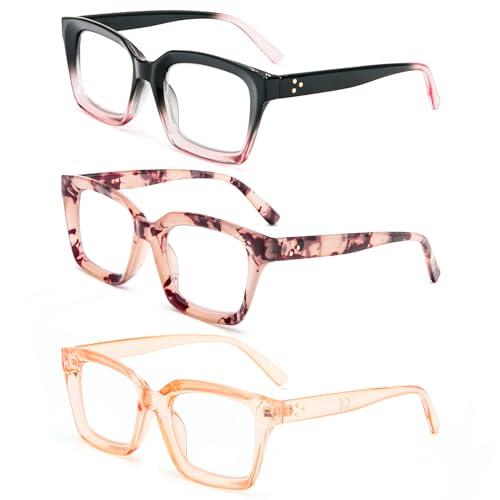 Image of REAVEE 3 Pack Oversized Reading Glasses for Women Men Blue Light Blocking, Ladies Stylish Retro Square Large Computer Readers (Pink Leopard /Black Pink /Tea 2.5x)