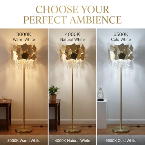 Image of Floor Lamp 3-Color CCT (Warm + Natural + Cold White) Gold Metal & Crystal Shade Standing Lamp for Living Room Bedroom Home Decor