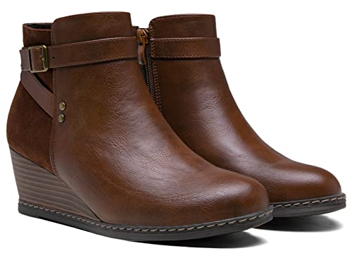 Jeossy Women's 9636 Wedge Boots For Women, Comfortable Ankle Wedge Booties, Low Wedge Heel With Side Zipper Cognac/Whisky Brown Size 9(Djy9636 Cognac 09) #TOP5