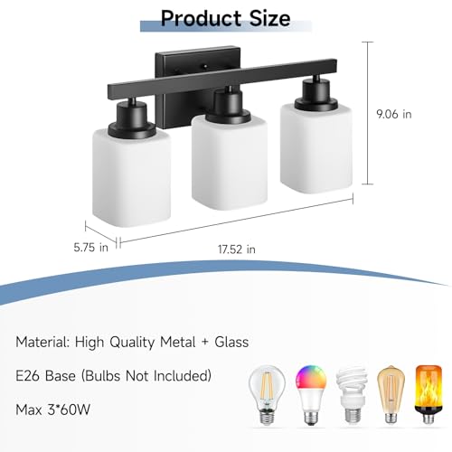 Image of 3-Light Bathroom Vanity Light,Modern Matte Black Bathroom Light Fixtures with Square Frosted Glass,Wall Sconces Lighting fixtures Over Mirror Restroom, Living Room Hallway