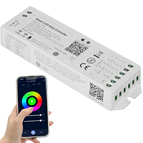 PAUTIX WiFi 5-in-1 LED Controller Dimmable for Monochrome CCT RGB RGBW RGBCCT LED Strip Lights Compatible with Tuya APP/Smart Life/Alexa/Google Home/Siri,DC12-24V Lights Controller(Without Battery)