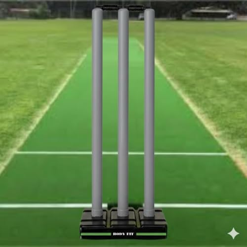 Image of Bodyfit Heavy Cricket Stumps | Plastic Wickets Set with 3 Stumps + 2 Bails + 1 Stand | Full Size Wickets for Cricket Ground, Tournament Wicket. (Grey-Black)