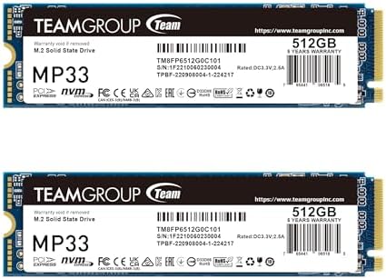 TEAMGROUP MP33 512GB 2 Pack SLC Cache 3D NAND TLC NVMe 1.3 PCIe Gen3x4 M.2 2280 Internal Solid State Drive SSD (Read/Write 1,700/1,400 MB/s) Compatible with Laptop & PC Desktop TM8FP6512G0C1P1