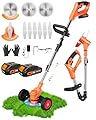 21V Cordless Weed Wacker, Lightweight Trimmer with 2 2.0Ah Battery, Electric Weed Eater Battery Powered, 3 in 1 Grass Trimmer/Brush Cutter/Edger Lawn Mower with 2 Types Blades & Wheels for Garden Yard