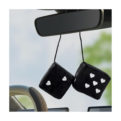 Gasedin 1 Pair Fuzzy Plush Dice for Car Mirror, 3'' Retro Square Dice with Heart-Shape, Plush Retro Dice Hanging Ornament, Universal Interior Hanging Dice Decor for Men Women (Black)