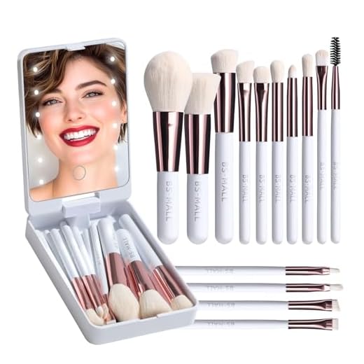 BS-MALL Juego De Brochas De Maquillaje De Viaje Base En Polvo Correctores Sombras De Ojos Maquillaje Juego De Viaje Con Estuche De Espejo Led 14 Pcs Pinceles De Maquillaje Blanco