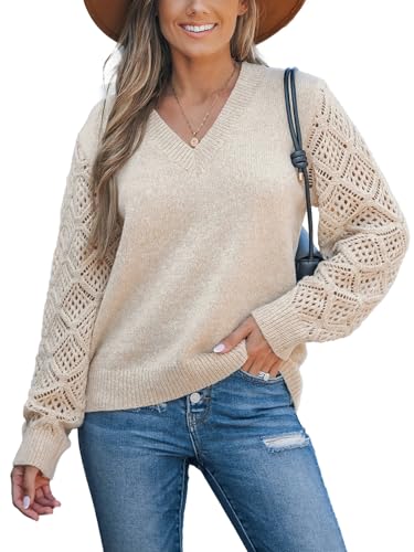 Image of CUPSHE Womens Sweaters V Neck Long Sleeve Lightweight Soft Crochet Casual Pullover Sweater Tops