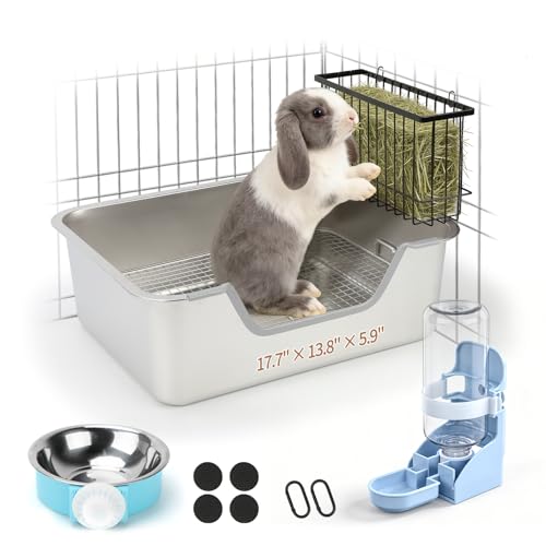 BWOGUE Large Rabbit Litter Box with Raised Grid Stainless Steel Bunny Litter Pan with Hay Feeder & Water Dispenser Metal Rabbit Potty Box for Guinea Pigs Small Animals Mess-Proof Easy to Clean