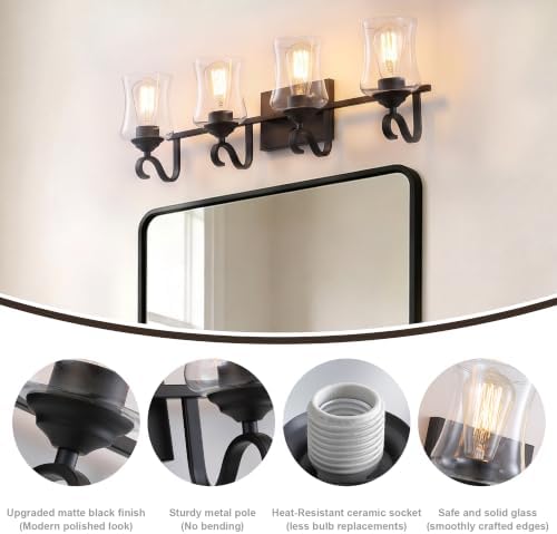 winsmart Black Bathroom Vanity Light Fixtures Over Mirror, 4 Light Bathroom Vanity Light with Clear Glass Shades, E26 Base Bath Sconces Wall Lighting, Up or Down Mount Over Bathroom Mirror — view 2