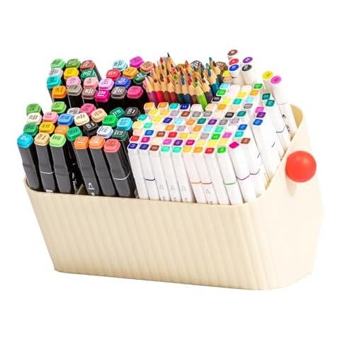 LUFOFOX Desk Organizer for Office Supplies, Large Capacity Pen Pencil Holder, Makeup Brush Organizer with 6 Compartments, Flip Left and Right Drawing Kit Storage Box for Kids（Cream-white） Cover
