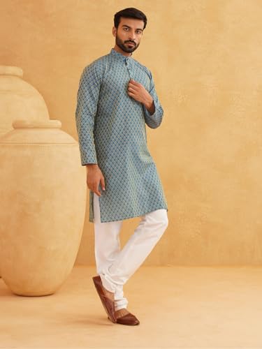 Image of SOJANYA (Since 1958 Men's Silk Blend Self Design Kurta & Off-White Churidar Pyjama Set