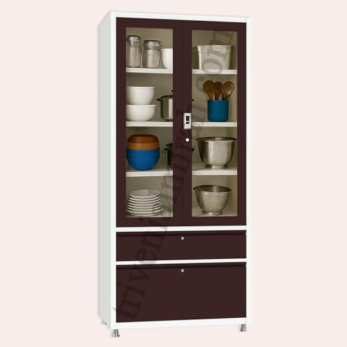 Image of Triveni Almirah Annapurna-5 Steel Wardrobe for Kitchen & Home Use | 10 Year Guarantee on Paint & Locks | 2-Door Glass Almirah with 2 Drawers | Separate Locks for Doors & Drawers | Powder-Coated Finish