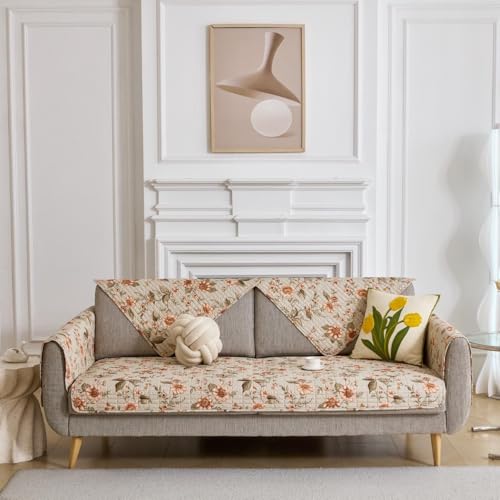 Image of HOMETHREADS Anti-Skid Sofa Protector Mat: Premium Printed Cotton Slipcover with Strong PVC Non-Slip Backing, (White Green, 2Pc Armrest Mat | 50x75cm)