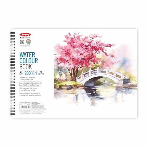 Image of Anupam Watercolour Book 200GSM Natural White Paper with Grained Surface Usable on Both Side 40 Pages A3 for Watercolour, Gouache, Ink, Acrylic, Wet & Mixed Media, Art Painting, Drawing