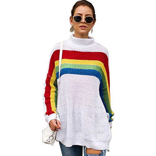 Selatamy Women's Loose Knitted Turtleneck Long Sleeve Colorful Striped Rainbow Sweater Oversized Jumper Shirt Tops