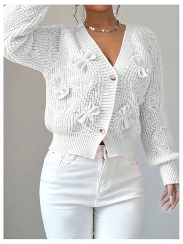 Image of Verdusa Womens Bow Cardigan Long Sleeve Chunky Sweater Outerwear Fall Cardigans Trendy White Small