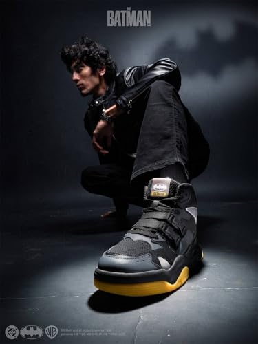 Image of Bacca Bucci Men's Batman-Inspired High-Top Sneakers | Chunky Streetwear Shoes with Mesh Panels, Buckle Strap Detail, Black Grey Yellow Colorway | Casual Statement Shoes