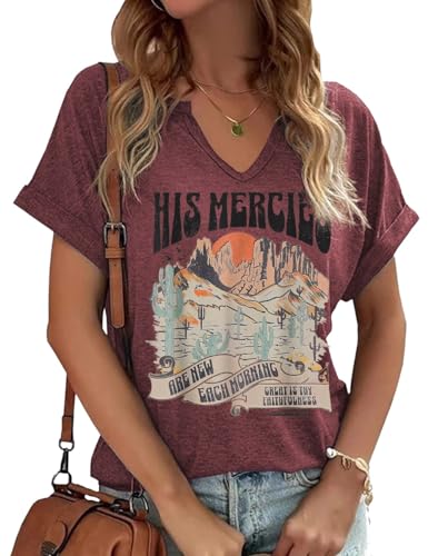 Women's Christian His Mercies V Neck Shirt are New Each Morning Great is Thy Faithfulness Short Sleeve Funny Natural Sun Graphic Tee(XL,L-Purple)