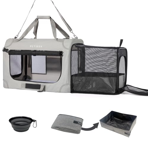 Petseek Extra Large Expandable Cat Carrier Soft Sided for Car Portable Small Dog Carrier for 2 Cats 24x16.5x16 Road Travel Folding Comfortable Design with Litter Box and Bowl