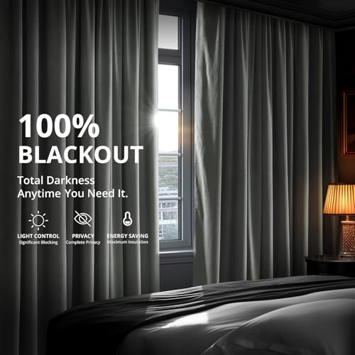 HPD Half Price Drapes Signature Velvet Thermal Blackout Curtains for Living Room 84 Inch Long (1 Panel) Rod Pocket Insulated Blackout Curtains for Bedroom Window Curtains, 100W x 84L, Natural Grey