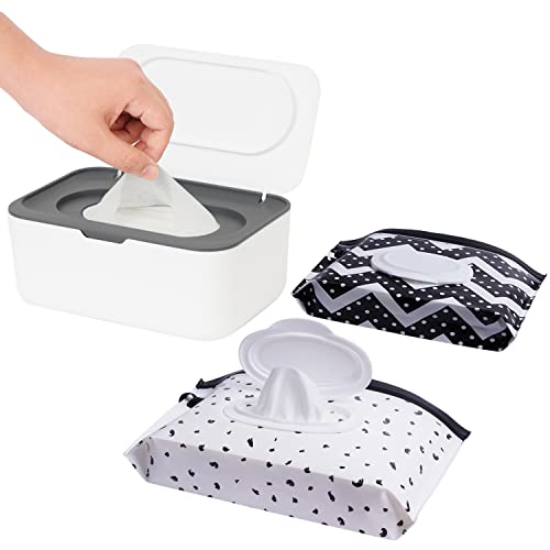 Image of Wipes Dispenser with 2 Portable Wipe Cases, Wipe Holder for Baby & Adult, Seposeve Refillable Wipe Container, Keeps Wipes Fresh, One-Handed Operation. Easy Open/Close Wipes Pouch Case, (Grey)