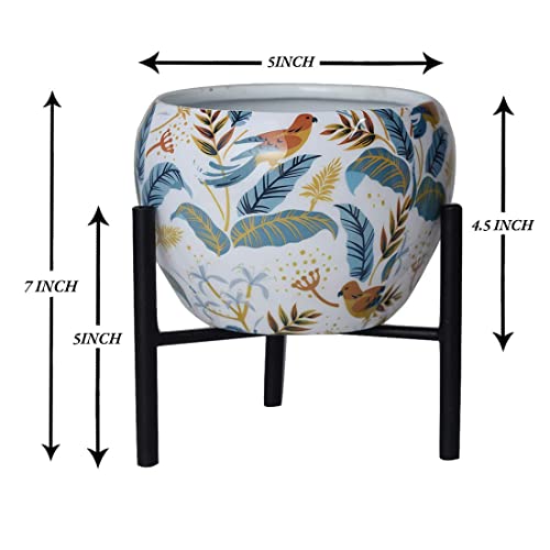 Image of Hand Painted Metal Planter with Wooden Stand (Black)