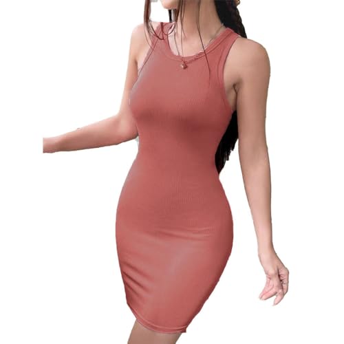 Image of Solid Sleeveless Round Neck Ribbed Western Bodycon Dress For Women