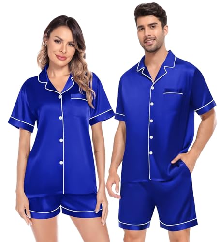 Image of SWOMOG Satin Matching Pajamas Sets Couple Silk Button Down Nightwear Women & Men Short Sleeve Sleepwear 2 Pieces Loungewear Blue