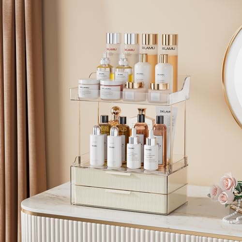 Delamu Bathroom Organizers and Storage, 2-Tier 2-Drawer Makeup Organizer Countertop, Easy to Install, Ideal for Bathroom Storage, Vanity, Large Skincare, Perfume, Present, and More, CreamWhite - Image 4