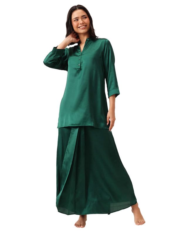 Image of Clovia Women's Chic Basic Satin Long Button Down Top with Dhoti Style Skirt