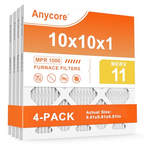 Anycore 10x10x1 Air Filter 4 Pack MERV 11 AC Furnace Filters for Home Office Pleated MPR 1000 FPR 7 (Actual Size: 9.81x9.81x0.81 inch)