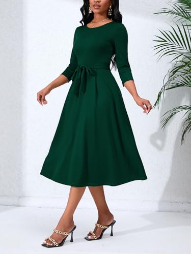 Image of PerZeal Women's Caual Midi Dress 3 /4 Sleeve Crewneck A-line Swing Dress