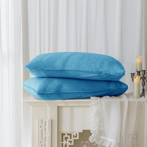 EVERLY 100% Linen Pillowcases Set of 2, Envelope Overlap Closure French Natural Washed Flax Pillowcases 20x36inches-Blue
