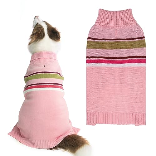 Image of PAWCHIE Dog Sweater for Large Size Girls Boys, Warm Coat Turtleneck Thick Clothes With Leash Hole, Stretchy Knitted Outfit for Small to Large Puppy Cat, Pink L