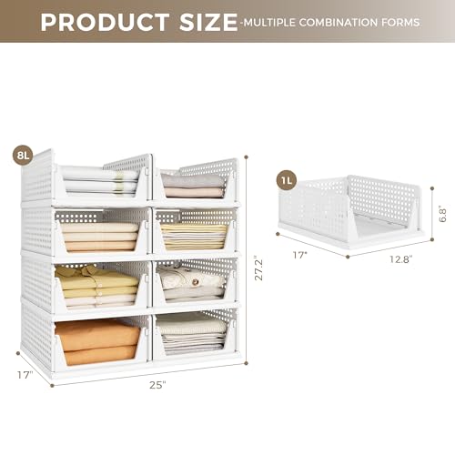 Image of Pinkpum 8 Pack Closet Organizers and Storage Plastic Stackable Storage Bins, Foldable Drawer Shelf Storage Container for Wardrobe Kitchen Bathroom Dorm White
