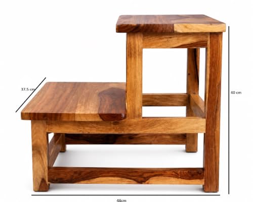 Image of Solid Sheesham Wood Stool for Kitchen Wooden Two Step Ladder Foot Rest Stair for Living Room Kitchen /Library /Store (48x40x37.5 cm Weight Capacity 200 kg)