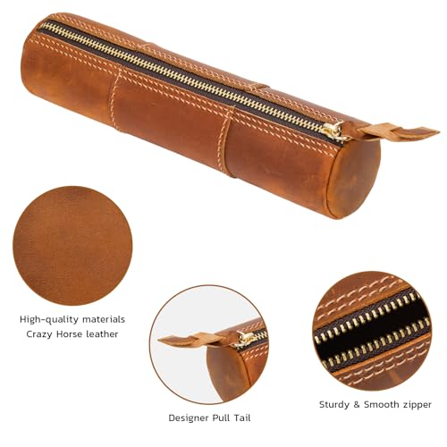 Image of ECHSRT Genuine Leather Pencil Pouch for Adults, Slim Cylinder Case, Brown | Full-Grain Cowhide Leather, Crazy Horse Finish, Slim Cylinder Design, Single Zipper, Vintage Pen Organizer for Adults