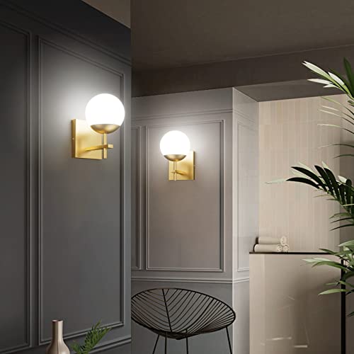 Image of Ralbay Gold Wall Sconce, Mid Century Modern Gold Wall Light Fixtures Milky Glass Indoor Wall Lamp for Home Decor Bathroom Kitchen Living Room Vanity Hallway, Gold 1 Light (Exclude Bulb)