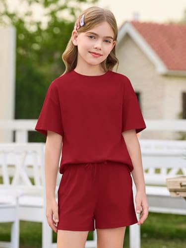 Image of Haloumoning Girls Summer 2 Piece Outfits Kids Oversized T Shirts and Shorts Clothing Sets 5-14 Years
