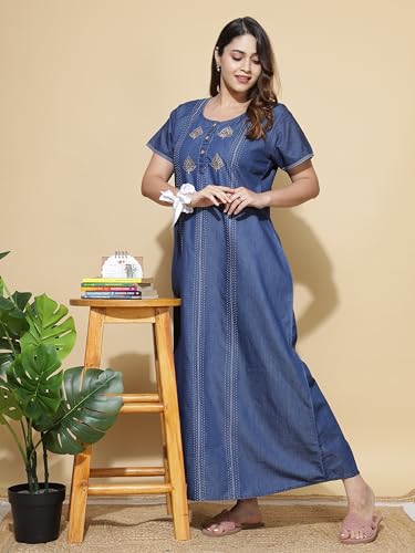 Image of 9shines Label Stylish Denim Cotton Nighty Maxi for Women | Full Length Trendy Nightgown | Premium Nightdress | Nightwear | Embroidery Nighty with Pocket (9SDS)