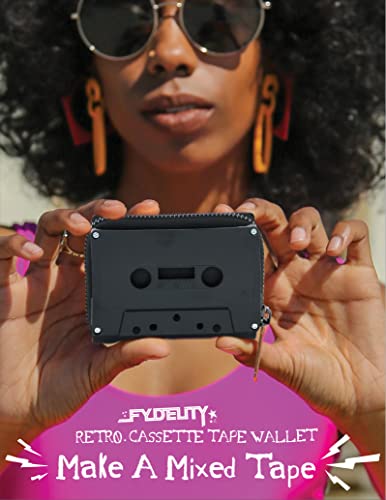 Image of Fydelity Vegan Leather Zipper Wallet, Cassette Tape Design, Credit Card Holder for Women & Men, Vintage Retro Style, Lightweight, Black 70258 AA