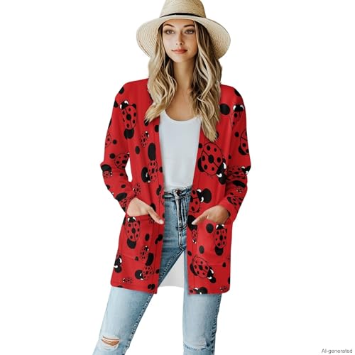 Image of Forchrinse Red Ladybug Cardigan for Women Causal Long Sleeve Open Front Cardigans Sweater Fashion 2024 Fall Coat with Pockets