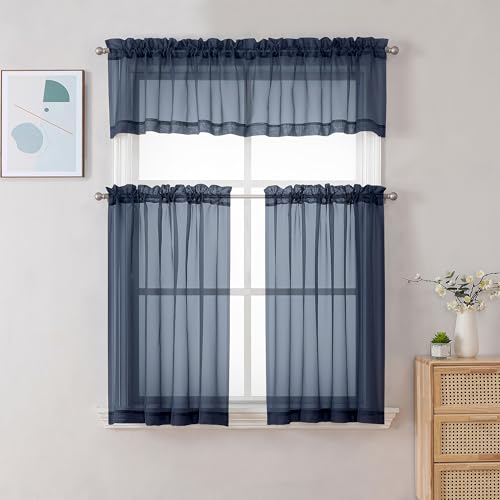 Image of Chyhomenyc Sheer Valances for Windows 2 Pack, Small Window Curtains for Living Room Bathroom Cafe Laundry Basement, Modern Top Dual Rod Pocket Voile Curtain, 42W x 18L inches, Navy Blue