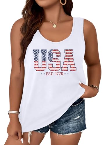 Image of Ithalt Plus Size 4th of July Tops for Women American Flag Tank Tops USA Patriotic Shirts Red White and Blue Sleeveless