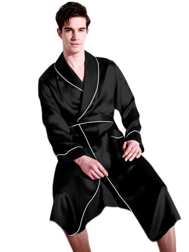Bella Babe by SK Luxury Satin Robe for men with Piping (S, Black)