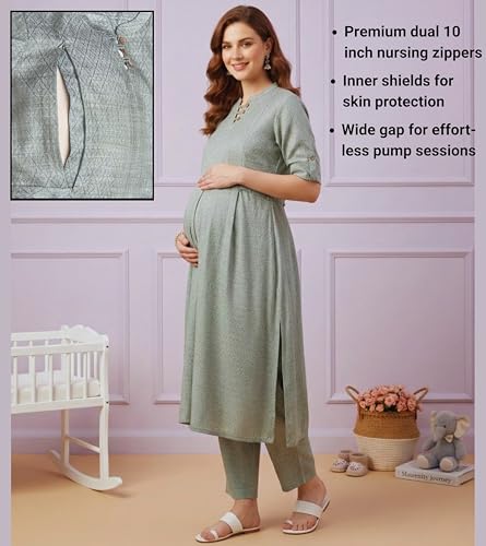 Image of DUMMY SHAPE Feeding Dresses for Women Full Set | Cotton Blend Maternity Kurta Pant Suit with Dual Nursing Zippers, Side Pocket to Pre & Post Pregnancy | Mom to Be Gifts