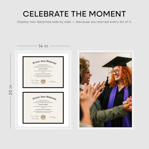 Image of Homeforia 14x20 Double Diploma White Frame, High End Oak 14 x 20 Certificate Wood Frames with Mat for Two 8.5x11 Diplomas, 20x14 Wooden Dual Award Graduation Frames, Tempered Glass, Wall Kit, Set of 2