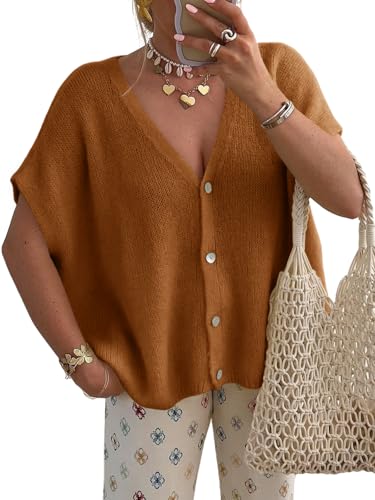 Image of Saodimallsu Womens Summer Oversized Cardigans Batwing Short Sleeve Lightweight Button V Neck Casual Knit Sweater Tops