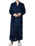 Locachy Men's Flannel Zip Bathrobes Soft Warm Long Fleece Plush Robe Housecoats Nightgown Sleepwear Navy S
