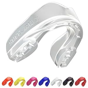 SAFEJAWZ Sports Mouthguard Slim Fit Adult and Junior Mouth Guard with Case for Boxing Basketball Lacrosse Football MMA Martial Arts Hockey and All Contact Sports Adult 12 Years Clear